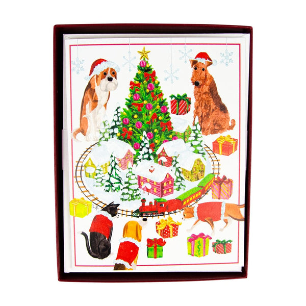 Caspari Pets With Model Train Christmas Card Set