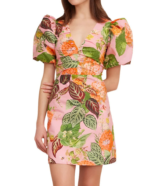 A woman is wearing the Cara Cara Aliza Dress, a pink floral mini dress from Cara Cara that features statement puffed sleeves and a V-neck silhouette.