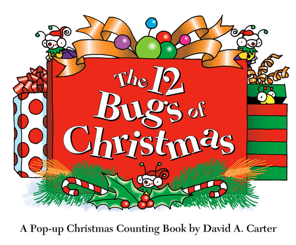 Cover of Simon & Schuster's "12 Bugs of Christmas" by David A. Carter, featuring a pop-up extravaganza with festive gifts and cartoon Bugs dancing around a vibrant red book.