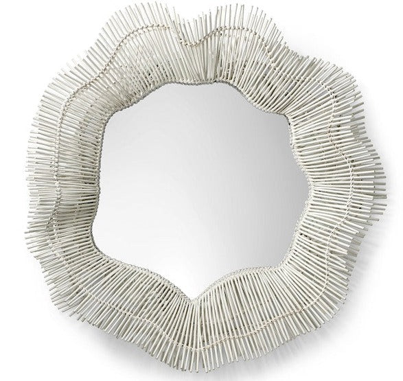 White-framed decorative mirror with an intricate, scalloped border made of thin, evenly spaced metal rods and a chalk-white finish. The Miramar Mirror by PALECEK adds elegance to any room.