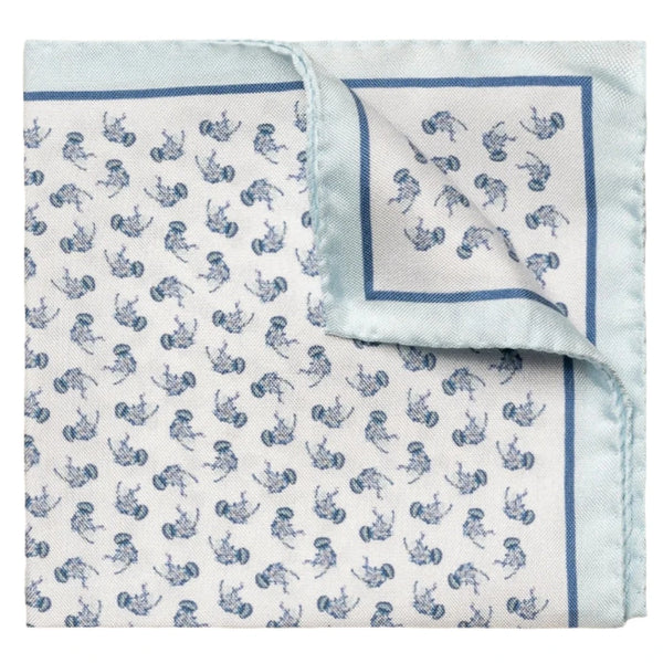 Eton Light Blue Jellyfish Silk Pocket Square by Eton: Light blue and white silk pocket square with a repeating pattern of blue tortoises and a solid light blue border, perfect for business wear.