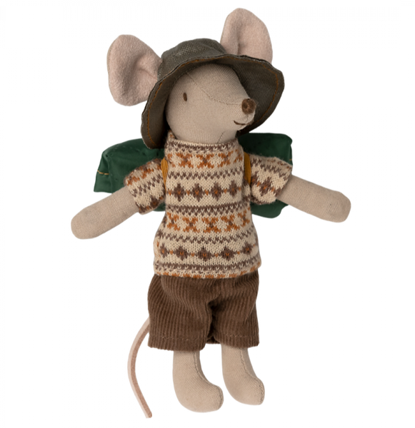 The Maileg Hiker Mouse, Big Brother by Maileg, a handmade fabric toy wearing a patterned sweater, brown shorts, green backpack, and a green hat is the perfect addition to any hiker collection.