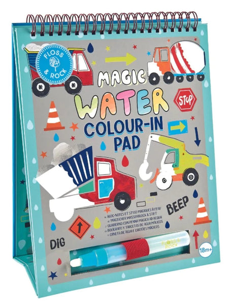 A children's upright colouring pad, titled "Floss & Rock Watercard Easel and Pen, Construction," features construction-themed illustrations and includes a water pen. This reusable coloring pad, suitable for ages 18 months and older, is perfect for little artists on the go.