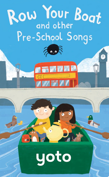 Illustration of two children rowing a boat with various animals on board, a double-decker bus, and a bridge in the background. Text reads "Yoto Card: Row Your Boat & Other Pre-School Songs" at the top and "Yoto" at the bottom, perfect for any Yoto Player to keep kids entertained with beloved children's songs.