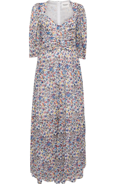 The Isabel Marant Leoniza Dress by Isabel Marant is a pure cotton, floral print maxi dress with long sleeves, a sweetheart neckline, and gathered bust detail.