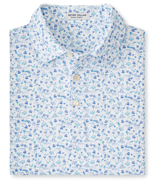 The Peter Millar Fairway Free For All Performance Jersey Polo is a folded, white collared shirt adorned with blue travel-themed illustrations featuring planes, landmarks, and cars. This moisture-wicking piece from Peter Millar is perfect for sunny adventures, offering UPF 50+ sun protection.