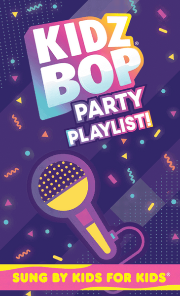 Illustrated cover of Yoto Card: Kidz Bop Party Playlist with a colorful microphone and confetti design, tagline at the bottom reads "Sung by Kids For Kids." Perfect for children's music enthusiasts!