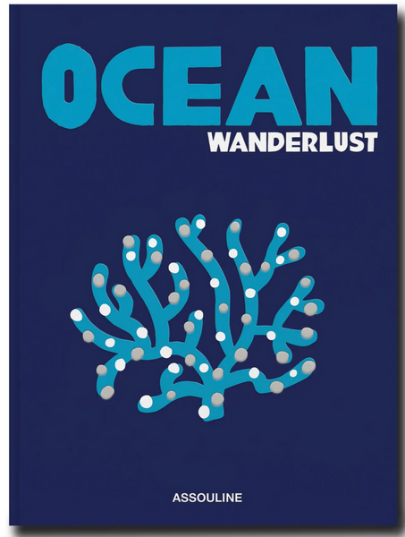 A blue and white Ocean Wanderlust cover with text inspired by a marine habitat by Assouline.