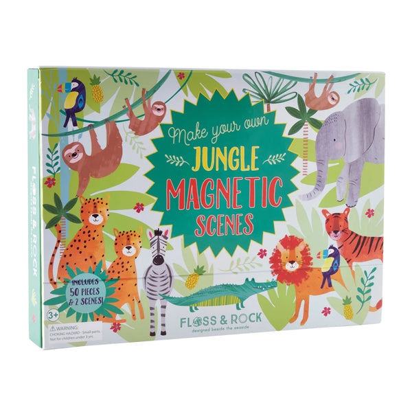 A "Floss & Rock Magnetic Play Scenes, Jungle" box with illustrations of various jungle animals and text stating it includes 50 magnetic pieces and 2 interchangeable backdrops. The brand "Floss and Rock" is displayed on the bottom.