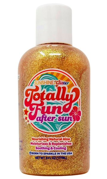 A bottle of "Sunshine Glitter Totally Fun After Sun Glitter Gel" by Sunshine Glitter. It contains 6 fluid ounces and claims to nourish, replenish, moisturize, soothe, and cool the skin with natural aloe gel, especially after a sunburn.