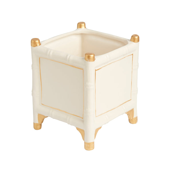 Presenting the Bamboo Cachepot Collection by Abigails: A sophisticated square cachepot in white with elegant gold accents on the corners and feet, showcasing a subtle bamboo pattern. Made in Portugal.