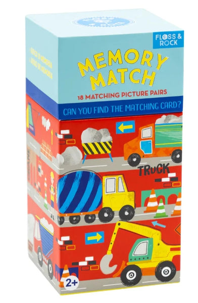 A colorful box of "Floss & Rock Memory Match, Construction" by Floss and Rock, featuring 18 matching picture pairs with truck illustrations and a playful construction design. Perfect for ages 2 and up, this game helps develop cognitive skills in young children.