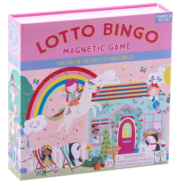 Colorful box of the "Floss & Rock Lotto Bingo, Rainbow Fairy" game featuring whimsical illustrations of children and animals. Text on the front states, "Who will be the first to shout BINGO?" This educational board game is suitable for ages 3+.