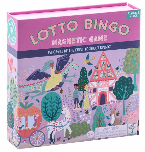 A colorful box of "Floss & Rock Lotto Bingo, Fairy Tale" by Floss and Rock, featuring enchanting imagery. For ages 3 and up, this educational game includes a warning of choking hazards due to small parts.