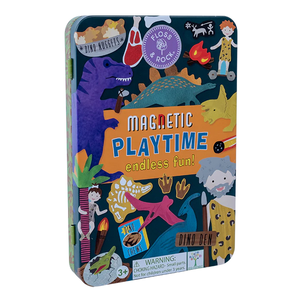 A magnetic tin labeled "Floss & Rock Magnetic Play Scenes, Dino" by Floss and Rock with over 50 dinosaur magnets and characters; includes a warning about small parts for children under 3 years old.