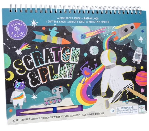 Cover of a Floss and Rock Floss & Rock Scratch & Play, Space book featuring space illustrations of astronauts, a rocket, and colorful scratch-off areas. Includes an eco-friendly wooden stylus, cleaning pad, and stencil. Warning for ages 3+.