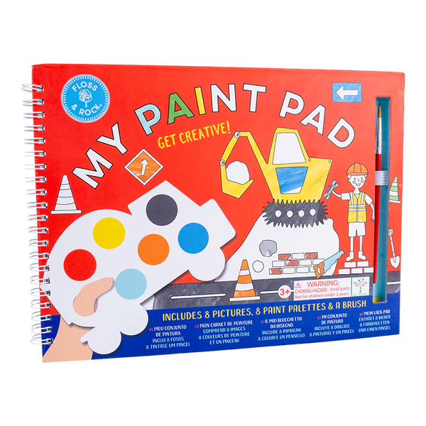 An eco-friendly, spiral-bound paint pad featuring illustrations of construction site equipment and a construction worker. It includes 8 pictures, truck-shaped paint palettes, a brush, and a safety warning for ages 3 and up. Introducing the Floss & Rock My Painting Pad, Construction by Floss and Rock.