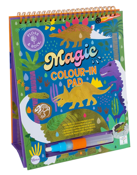 A Floss & Rock Watercard Easel and Pen, Dino with an orange spiral binding, featuring dinosaurs on the cover. Includes a water pen attached at the bottom. This eco-friendly, reusable water pad is suitable for ages 18 months and up.