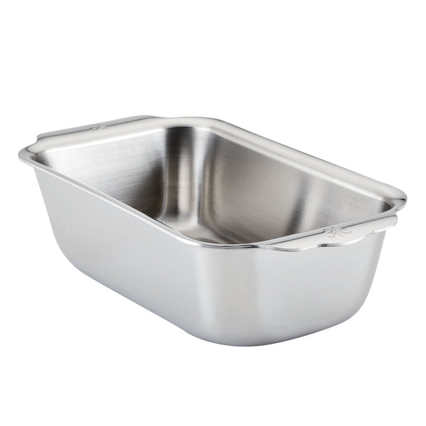 The Hestan Provisions OvenBond Tri-ply Stainless Steel Loaf Pan by Hestan includes slightly curved edges and convenient handles on both sides, making it oven safe for all your baking needs.