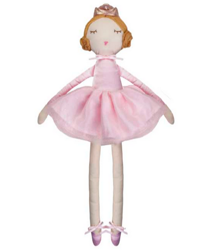 Introducing the Great Pretenders Bella The Ballerina by Great Pretenders, a timeless soft-bodied doll adorned in a pink ballerina dress and ballet shoes, with closed eyes, a small smile, and light brown hair elegantly tied in a bun with a small ribbon.