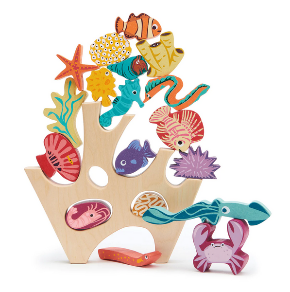 The Tenderleaf Stacking Coral Reef by Tender Leaf Toys features vibrant sea creatures, including a fish, squid, seahorse, starfish, and crab. This delightful toddler toy invites young ones to stack the marine animals on a charming wooden coral structure.