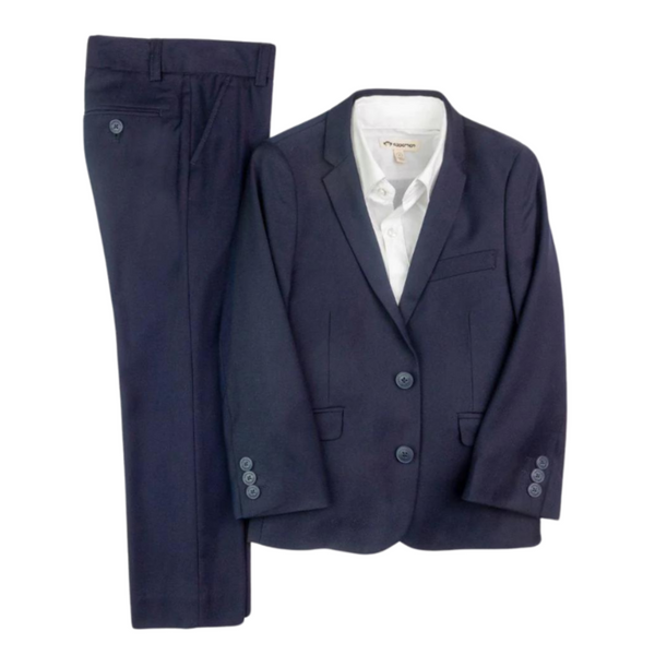 A European Size Chart men's formal navy blue Appaman Boy Mod Suit, 2pc with a white shirt displayed without a model on an isolated white background.