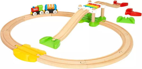 A toddler-friendly BRIO wooden railways toy train set with a wooden track.