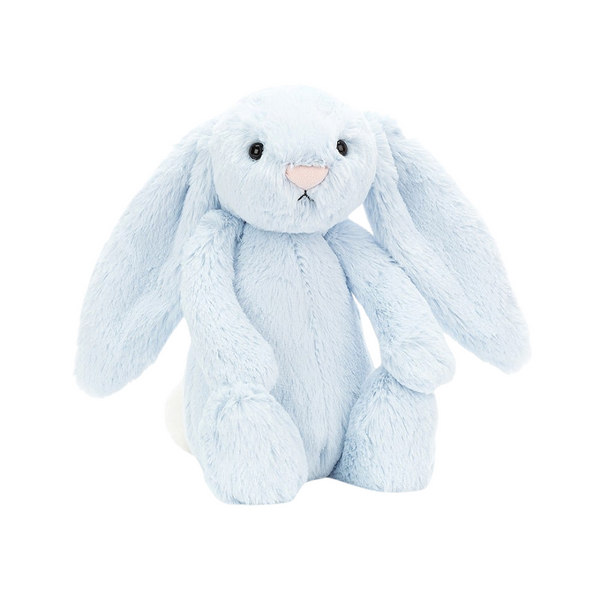 Bashful Blue Bunny from Jellycat. This lovable stuffed bunny is depicted sitting on a clean white background.