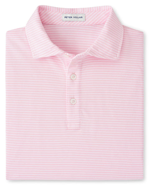 Folded Peter Millar Pilot Mill Halifax Stripe Short-Sleeve Polo in pink and white stripes, featuring a two-button collar and crafted from men's pima cotton.