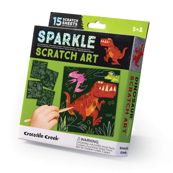 The Crocodile Creek Sparkle Scratch Art kit, suitable for ages 5 and up, showcases vibrant dinosaur designs. Enjoy a scratch-art activity set that includes colorful patterns on 15 sheets and a wooden stylus for limitless creative enjoyment.