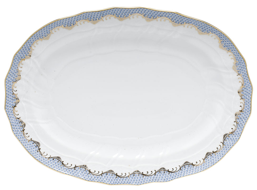 Oval white Herend Fish Scale Platter, Light Blue with scalloped edges and a decorative blue and gold hand-painted design on the rim, isolated on a white background.