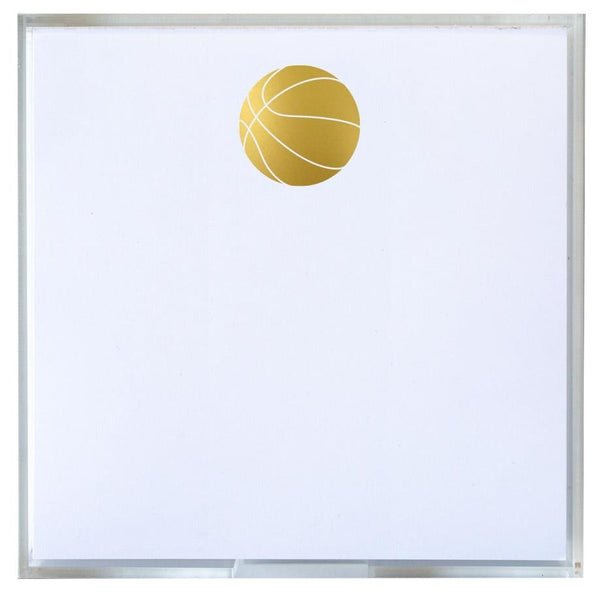 A sleek illustration of a golden basketball stands out on the center of a clean white background, making the Black Ink Small Paddie, Basketball edition an ideal choice for any basketball enthusiast seeking to add a touch of elegance to their notepad.