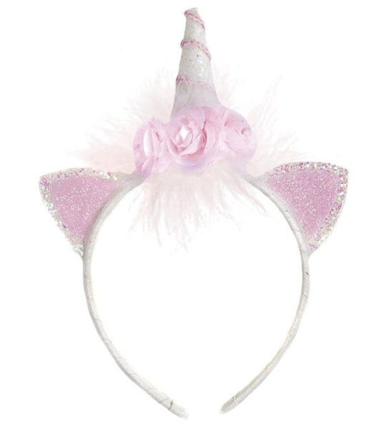 A Great Pretenders Unicorn Flower Headband adorned with pink feathers and horns, perfect for adding a magical touch to any outfit.