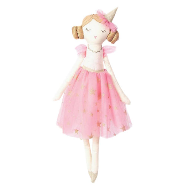 Introducing the MON AMI Brigitte Birthday Party Heirloom Doll by Mon Ami, this delightful fabric doll is dressed in a charming party dress with a star pattern. It features a unicorn horn and stylized hair and facial details, making it an ideal birthday gift for imaginative play and dress-up enjoyment.