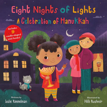 The cover of "Eight Nights of Lights: A Celebration of Hanukkah" by Harper Collins portrays a child holding a menorah set, flanked by two adults and a curious cat. The text emphasizes the Festival of Lights with nine candle-shaped mini books, each narrating an enchanting Hanukkah story.