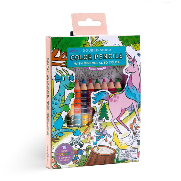 A box of 16 double-sided color pencils, the eeboo Mini Mural with Color Pencils by Eeboo, includes a fold-out mural to color featuring an illustration of magical creatures like a unicorn and various animals.