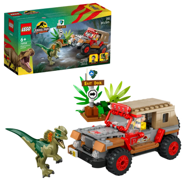 Legos - Toyhouse presents the LEGO® Jurassic Park Dilophosaurus Ambush Building Toy Set, featuring a vehicle, a raptor dinosaur figure, and an East Dock sign. The box displays the set number 76958 and is recommended for ages 6+. Experience the thrill of this engaging set!