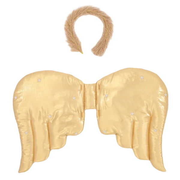 This delightful Meri Meri set, featuring the Gold Quilted Angel Wings and a matching halo headband, is adorned with small star decorations and is perfect for nativity plays.