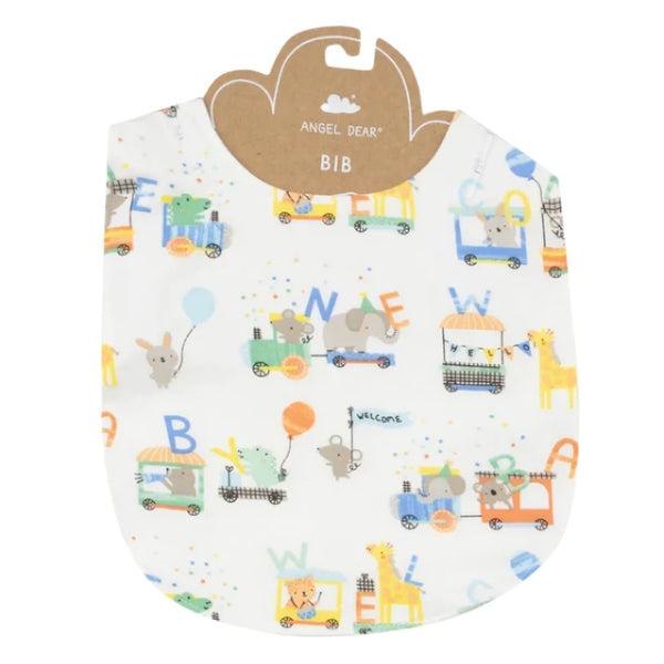 The Angel Dear Animal Train Feeding Bib, made from absorbent bamboo fiber, displays vibrant animal and vehicle illustrations and includes letters, balloons, and the word "Welcome" on its soft and comforting fabric.