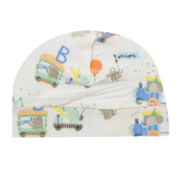 The Angel Dear Animal Train Beanie Hat 0-3M, made from soft bamboo and viscose, showcases charming animal illustrations in vehicles. A mouse holding a "Welcome" flag on the white background adds an extra touch of charm and delight.