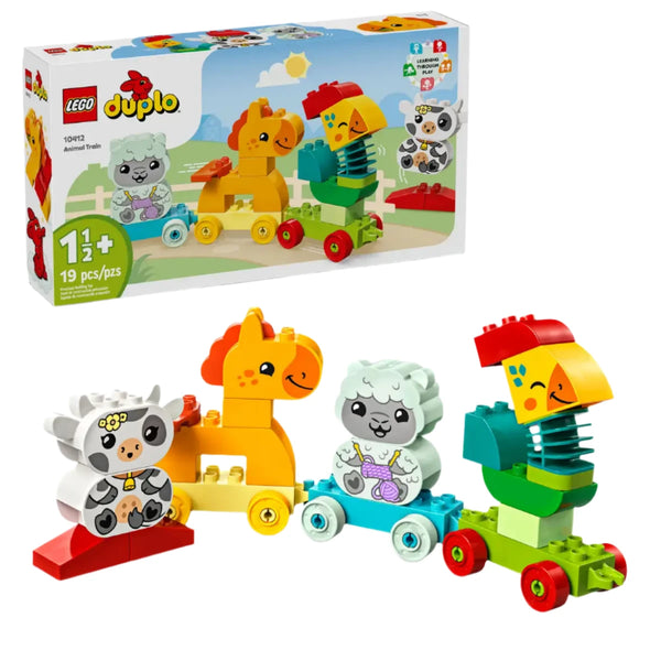 Introducing the LEGO® DUPLO® Animal Train by Legos - Toyhouse, designed for ages 1 and up. This delightful 19-piece Nature Toy set features a charming train with wheels shaped like a giraffe, koala, cat, and parrot. The box in the background showcases these adorable assembled animals.