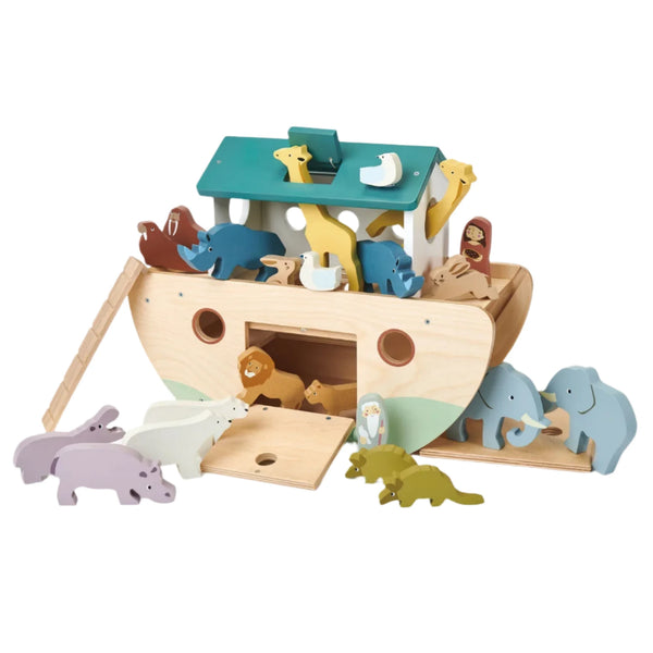 Explore the Tender Leaf Noah's Wooden Ark by Tender Leaf Toys, an eco-friendly wooden toy that comes with a variety of animal figures such as elephants, giraffes, hippos, and crocodiles. Children will enjoy discovering the wonders of the natural world while playing with this charming set.