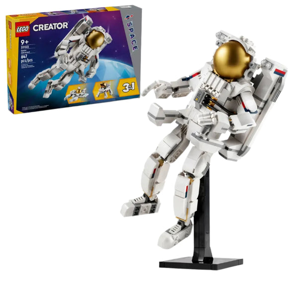 The LEGO® Creator Space Astronaut set from Legos - Toyhouse includes a detailed Space Astronaut model displayed on a stand. The box highlights the astronaut alongside two additional build options, making it a versatile set. Suitable for ages 9 and up, with 327 pieces, this set ensures out-of-this-world creativity.