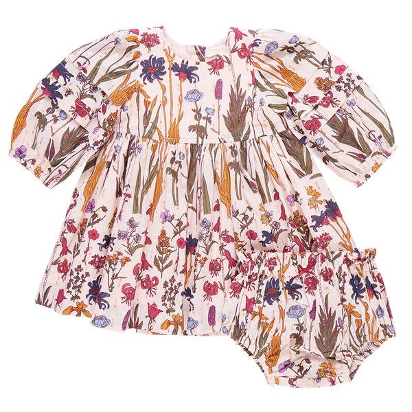 The Pink Chicken Baby Girls' Brooke Dress Set features long sleeves and vibrant autumn floral prints, complete with matching bloomers.