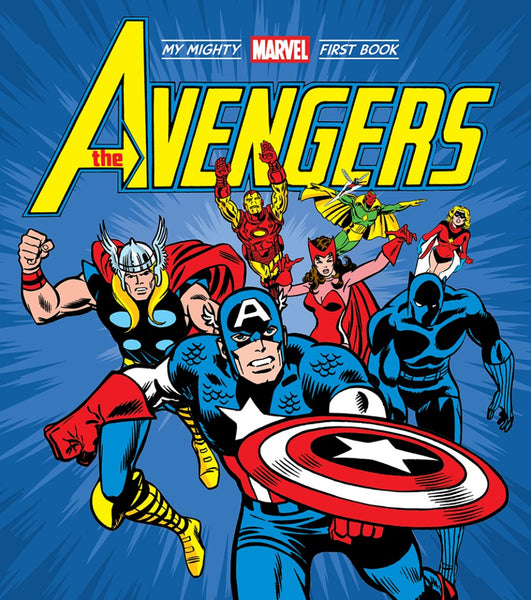 The cover of "The Avengers: My Mighty Marvel First Book" from Abrams features iconic heroes such as Captain America, Thor, and Iron Man. With the Marvel logo on a bold blue background, it honors the legendary artistry of George Pérez.