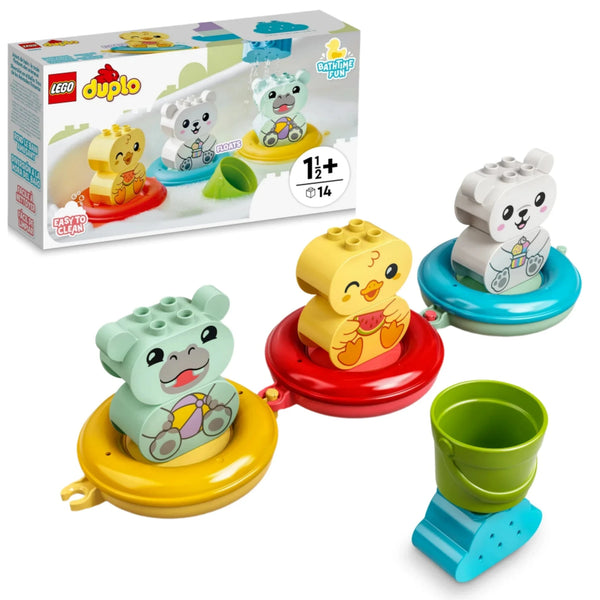 The LEGO® DUPLO® Bath Time Fun: Floating Animal Train by Legos - Toyhouse is the perfect developmental toy, featuring a bear, duck, and panda on colorful rings along with a stacking cup. Suitable for ages 1.5 and up, it offers an easy-to-clean design to ensure endless bath time fun.