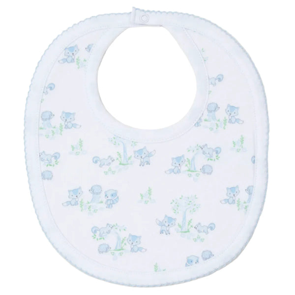 The Kissy Kissy Forest Fun Printed Bib by Kissy Kissy is made from soft Pima cotton and adorned with a charming print featuring blue and green cartoon animals and plants.