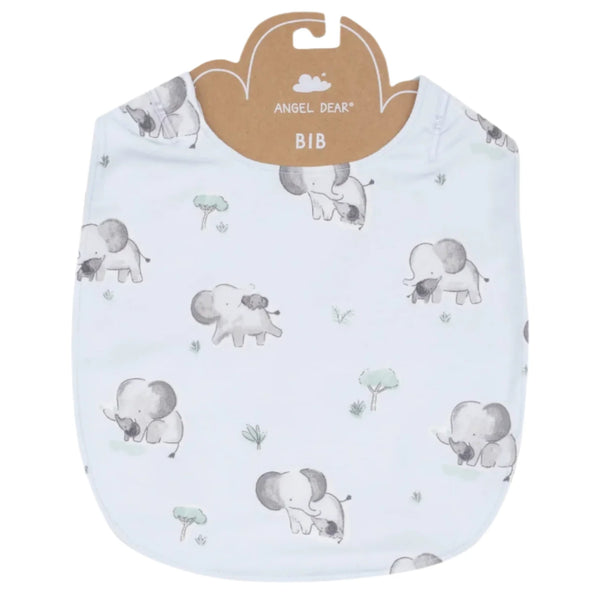 The Angel Dear Gray Elephants Blue Bib is made from bamboo fiber and showcases cartoon elephants and trees against a light background.