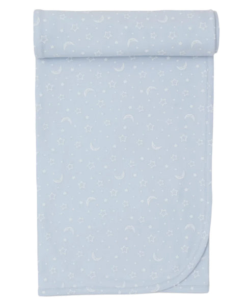 The Kissy Kissy Crescent Moonlight Printed Blanket is a cozy blue baby blanket with rolled ends, showcasing a charming moonlight print of white stars and crescent moons, crafted from the softest Pima cotton.