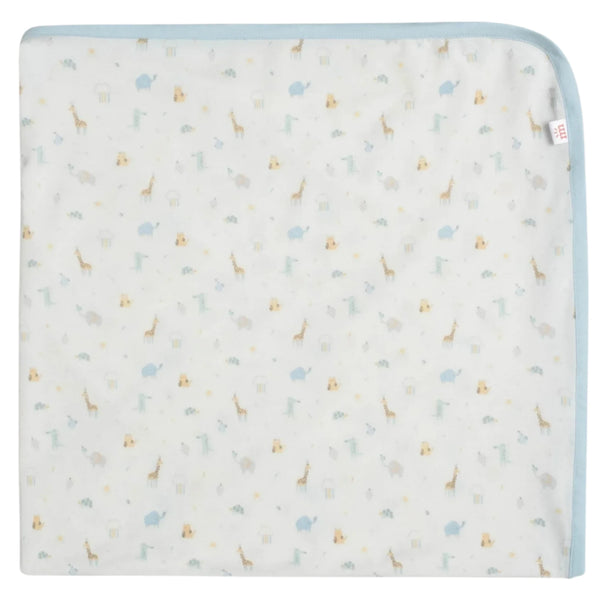 Introducing the Magnetic-Me Blue Little Bitty Pretty One Blanket by Magnetic Me—an eco-friendly TENCEL™ modal baby blanket that features a soft animal pattern with giraffes, elephants, and lions on a cream background. The light blue border around the edges makes it an ideal choice for a stroller blanket.